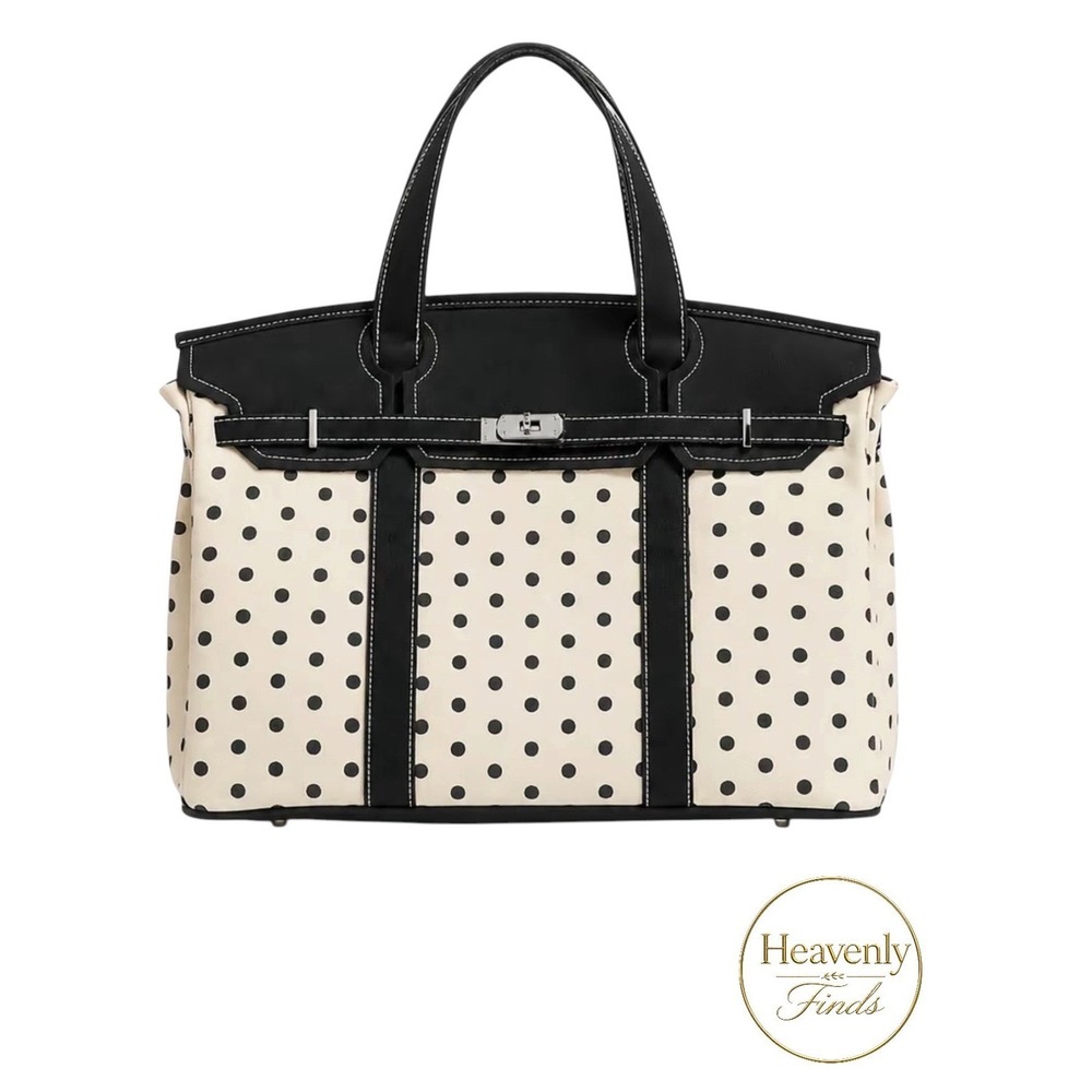 BOATKIN Canvas Polka Dot Tote Bag OS Cream Black Work Travel Satchel NEW